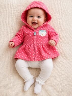Carter's Baby Girl Pink Polka Dot Fleece Hooded Peplum Zip Jacket 3 Months